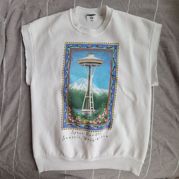 Vintage JERZEES White Cut Off Sweatshirt Size M Tank Seattle Space Needle Vest - Picture 1 of 7